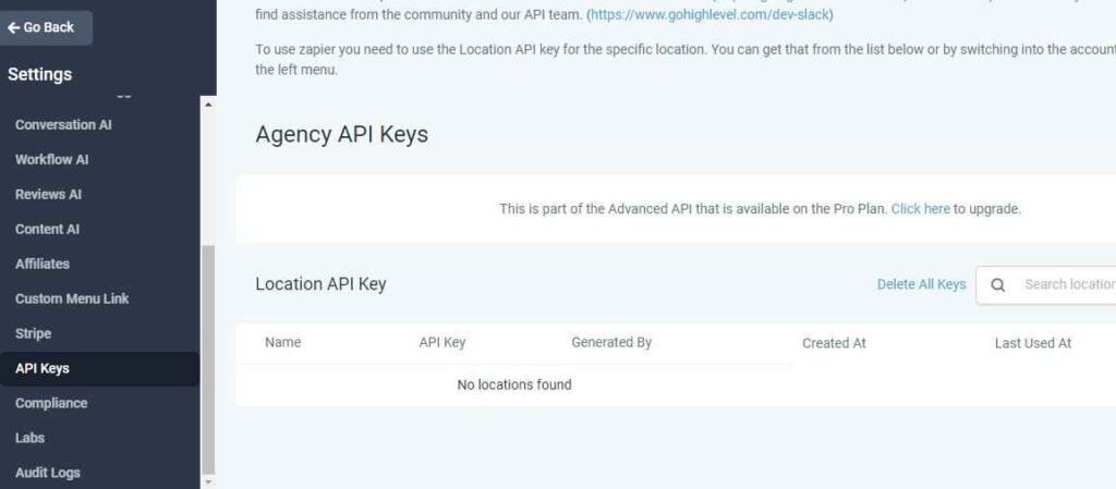 GoHighLevel API Keys Section